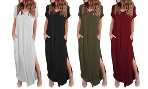 Women's Summer Maxi Dress Casual Loose Pockets Long Dress Short Sleeve Split