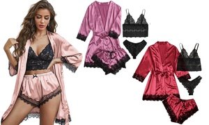 Women's 4 Piece Lace Satin Pajama Lingerie Set w/ Bra, Panties, Robe, Shorts