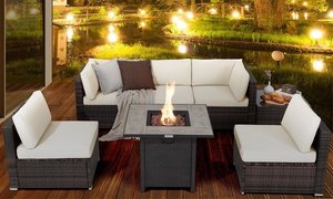 Costway 7PCS Patio Rattan Furniture Set 30'' Fire Pit Table Cover Cushion Sofa