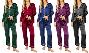 Women's Long Sleeve Sleepwear Satin Soft Button Down Loungewear Pjs Set