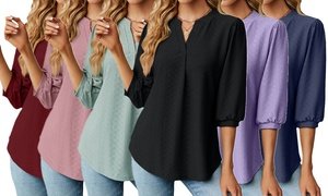 Women's 3/4 Sleeve V Neck Tops Casual Tunic Blouse Loose Business Tunic Shirts