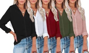 LESIES Women's Button Down V Neck Shirts Long Sleeve Office Casual Blouses Tops