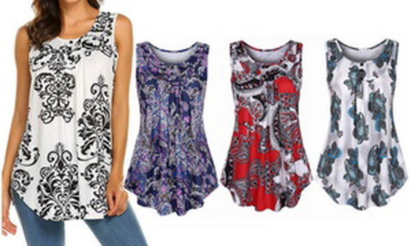 Women's Tank Top Paisley Pleated Front Sleeveless Blouse Shirt Casual 