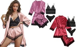 Women's 4 Piece Lace Satin Pa...