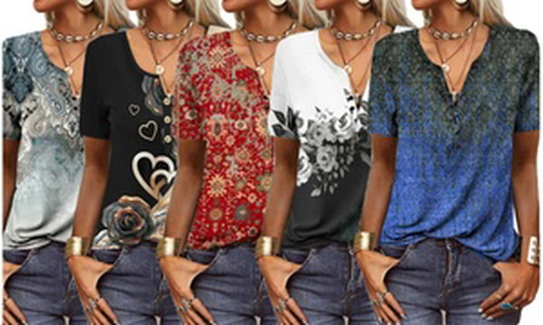 Women Short Sleeve V Neck Button Up Tops Blouses Trendy Casual Shirts Tunic