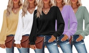 Women's Short/Long Sleeve Business Top V Neck Lace Trim Tunic Shirt