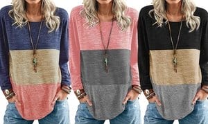 Women's Comfy Long Sleeve T Shirts Color Block Crewneck Tops