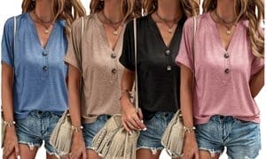 Women Short Sleeve V Neck Button Tops Blouses Trendy Casual Shirts Tunic