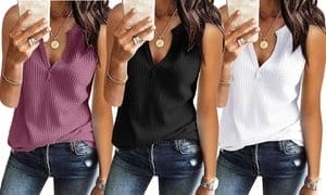 LESIES Womens Tank Tops V Neck Waffle Knit Casual Sleeveless Loose Tee Shirts