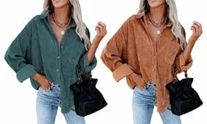 Women Oversize Long Sleeve Button Down Collared Corduroy Shirt