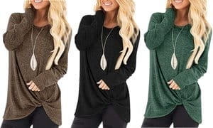 Women's Casual Twist Knotted Long Sleeve Tunic Tops
