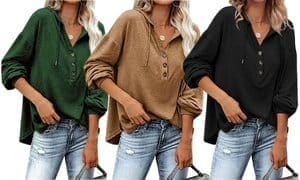 Women Drawstring V Neck Long Sleeve Henley Shirts Button Hoodies Tunic Tops