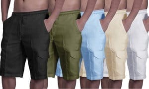 Mens Cotton Linen Shorts Cargo Summer Solid Quick Dry Beach Shorts with Pockets