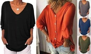 Womens 3/4 Sleeve T-Shirt V-Neck Casual Basic Tunic Top Long Loose Blouse