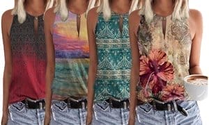 Women Keyhole V Neck Sleeveless Summer Casual Floral Shirt