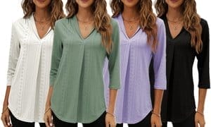 Women's 3/4 Sleeve Eyelet Collared V Neck Shirt Blouse Dressy Casual Tunic 