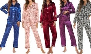 Women's Satin Pajama Set 2-Piece Sleepwear Loungewear Long Sleeve Button PJ Set