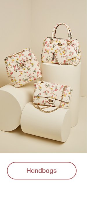 handbags featuring floral prints in various sizes and silhouettes