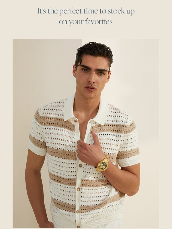 Image of a man in a striped knit button-up shirt. Shop the Friends & Family Summer Sale. 