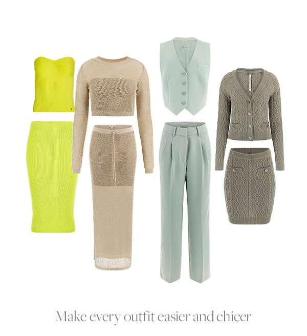 Four matching set looks laid out in a variety of colors. 