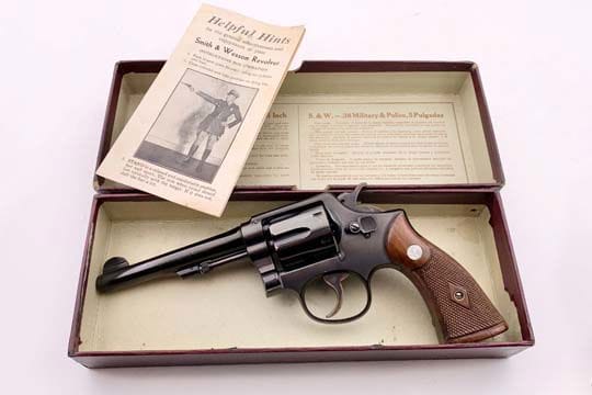 S&W 5" BLUE .38 M&P TRANSITION RARE MATCHING MAROON BOX POST WAR 1946