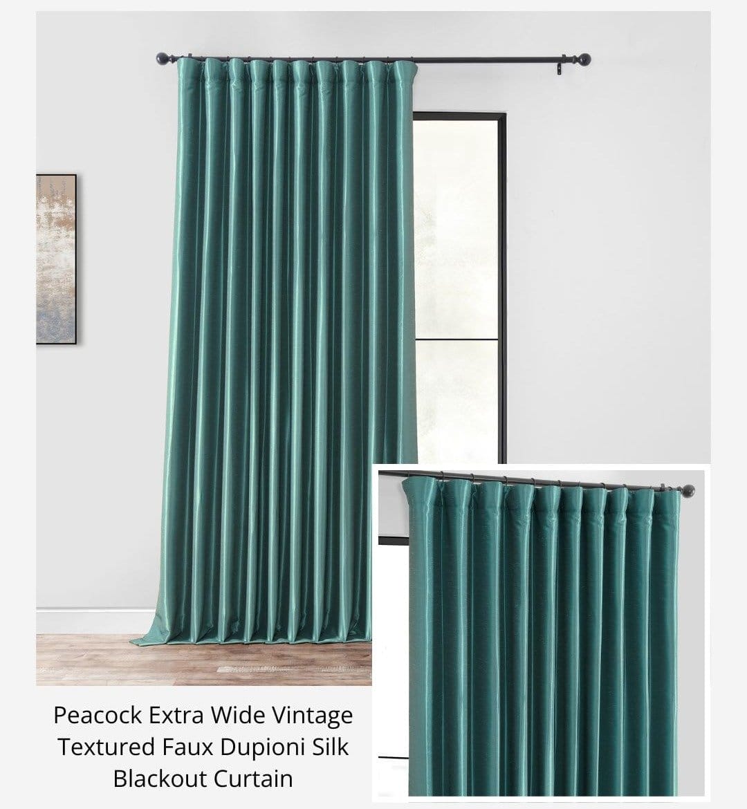 Peacock Extra Wide Vintage Textured Faux Dupioni Silk Blackout Curtain