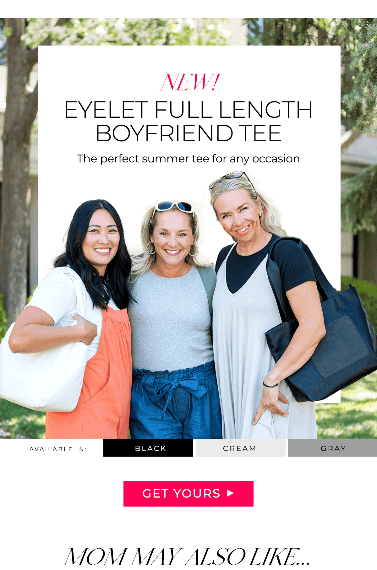 NEW! Eyelet Full Length Boyfriend The perfect summer tee for any occasion Available in Black Cream Grey