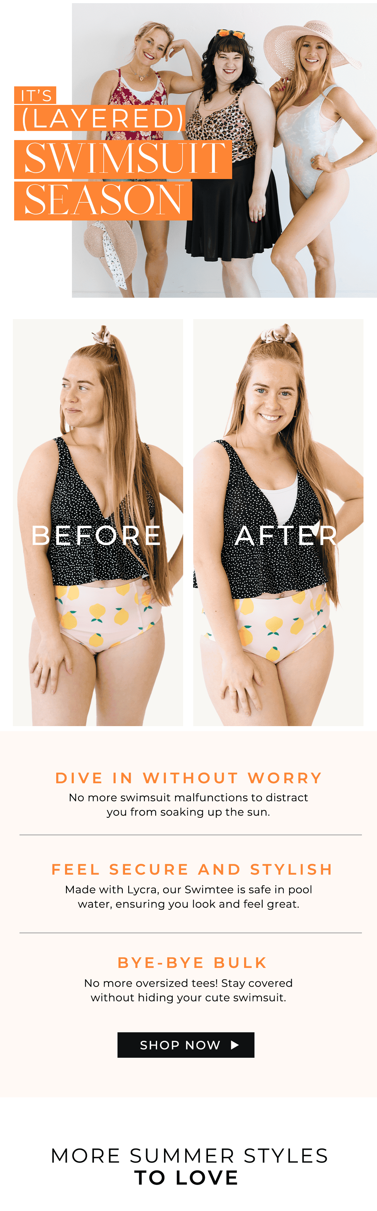 It's (Layered) Swimsuit Season ✓ Dive in without worry: No more swimsuit malfunctions to distract you from soaking up the sun. ✓ Feel secure and stylish: Made with Lycra, our Swimtee is safe in pool water, ensuring you look and feel great. ✓ Bye-bye bulk: No more oversized tees! Stay covered without hiding your cute swimsuit.