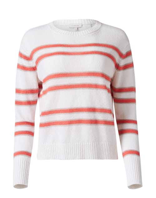 White and Coral Striped Linen Sweater