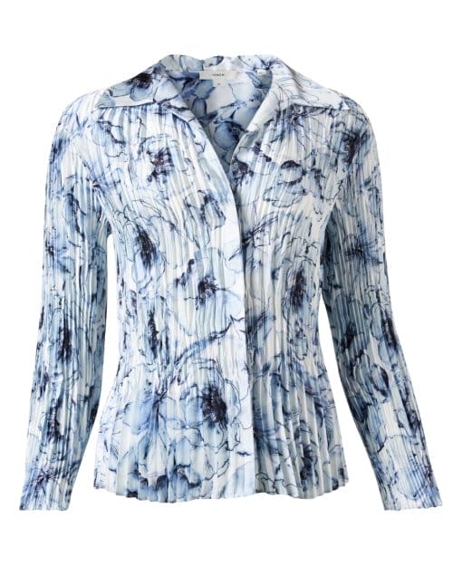 Blue and White Print Pleated Blouse