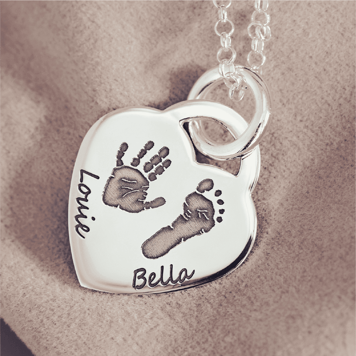 Handprint or Footprint Lock Heart Necklace, Two Prints and Two Names