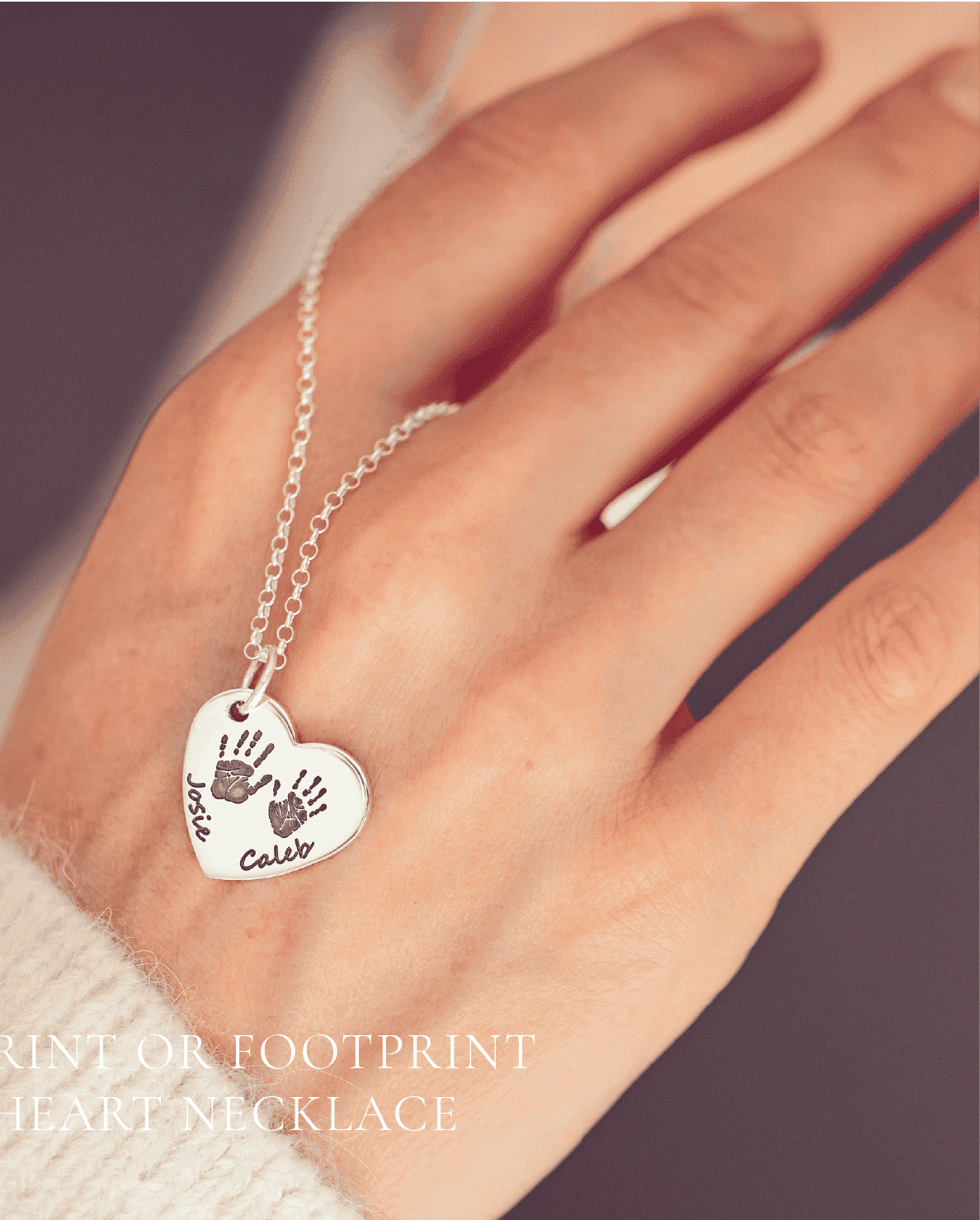 Handprint Or Footprint Large Heart Necklace, Two Prints And Two Names