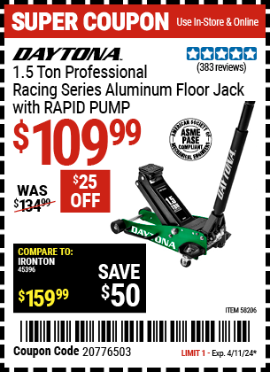 DAYTONA: 1.5 ton Professional Racing Series Aluminum Floor Jack with RAPID PUMP