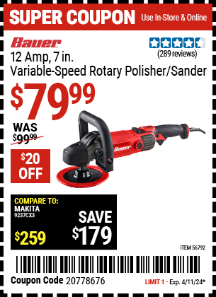 BAUER: 12 Amp, 7 in. Variable Speed Rotary Polisher/Sander