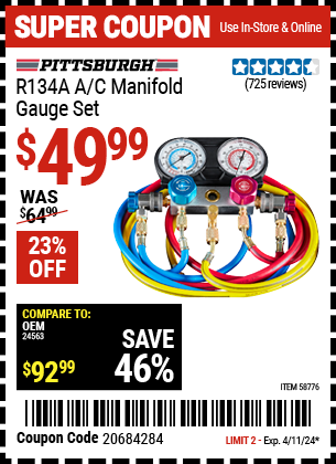 PITTSBURGH: R134A A/C Manifold Gauge Set