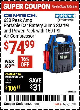 CEN-TECH: 630 Peak Amp Portable Car Battery Jump Starter and Power Pack with 150 PSI Air Compressor