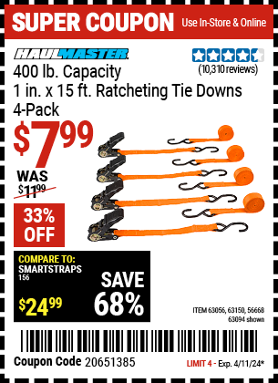 HAUL-MASTER: 400 lb. Capacity, 1 in. x 15 ft. Ratcheting Tie Downs, 4-Pack