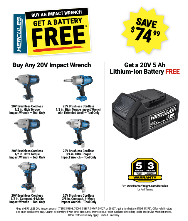 HERCULES: BUY AN IMPACT WRENCH - GET A BATTERY FREE - SAVE \\$74.99