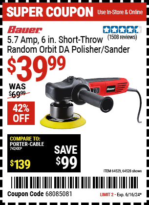 BAUER: 5.7 Amp 6 in. Short-Throw Random Orbit DA Polisher/Sander