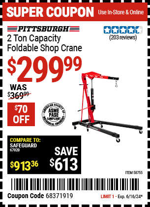 PITTSBURGH: 2 Ton-Capacity Foldable Shop Crane