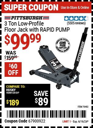 PITTSBURGH: 3 Ton Low-Profile Floor Jack with RAPID PUMP, Slate Gray