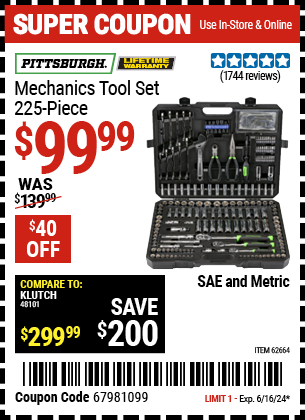 PITTSBURGH: Mechanics Tool Set, 225 Piece