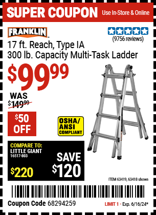 FRANKLIN: 17 ft. Reach, Type IA, 300 lb. Multi-Task Ladder