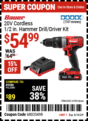 BAUER: 20V Cordless, 1/2 in. Hammer Drill/Driver Kit 