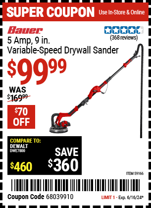 BAUER: 5 Amp, 9 in. Variable-Speed Drywall Sander