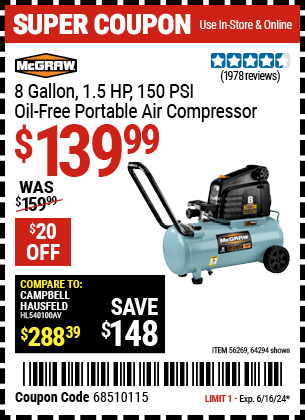 MCGRAW: 8 gallon 1.5 HP 150 PSI Oil-Free Portable Air Compressor