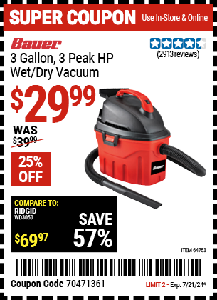 BAUER: 3 Gallon, 3 Peak HP Wet/Dry Vacuum