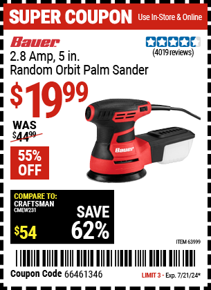 BAUER: 2.8 Amp, 5 in. Random Orbit Palm Sander