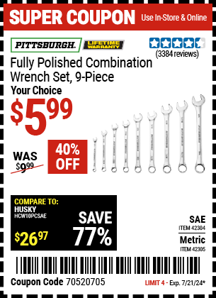 PITTSBURGH: Fully Polished Metric Combination Wrench Set, 9 Piece