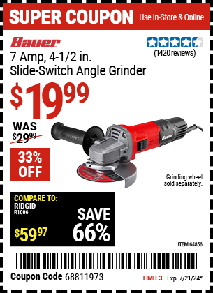 BAUER: 7 Amp 4-1/2 in. Slide Switch Angle Grinder